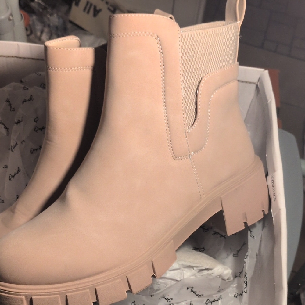 Qupid Cream Ankle Booties with Chunky Sole